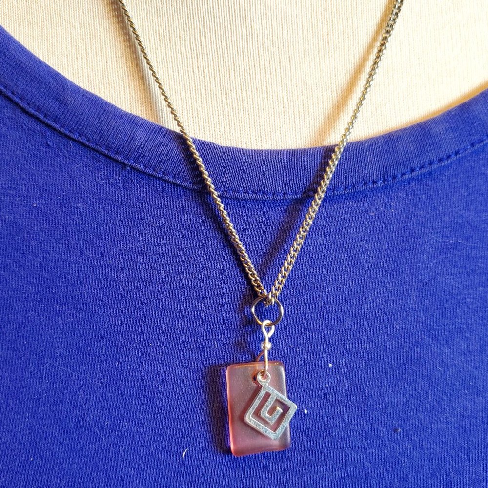 20" Silver Tone Pink Rectangle Pendant Necklace